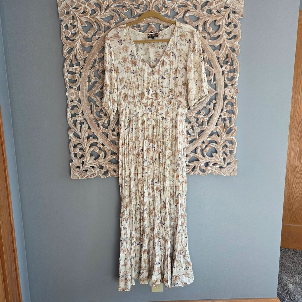 Floral Cream Maxi Dress with Pleated Skirt